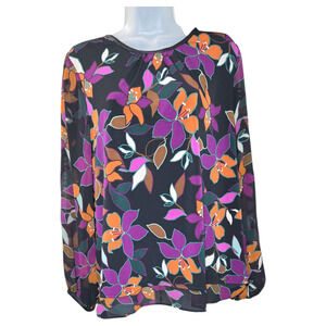 Calvin Klein Wom Medium Dark Floral Sheer Sleeve Shirt Fall Spring Office Casual